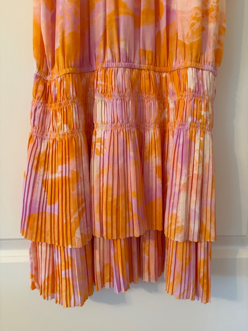 Anthropologie Pink & Orange Ruffled V-Neck Tiered Dress - Picture 8 of 9